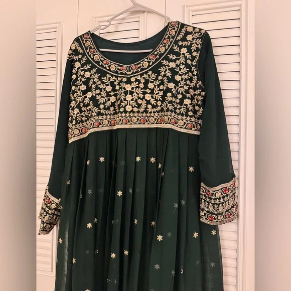 3 Pcs Dark Green Womens Embroidered Long Frock Pakistani Indian Size Medium - Picture 3 of 6
